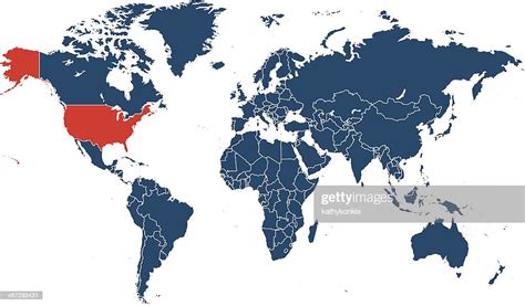 World Map With The United States Highlighted In Red High Res Vector