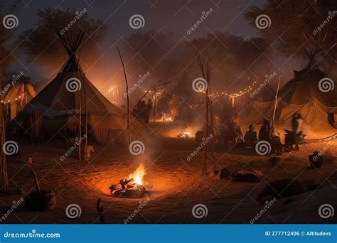 Nomadic Tribe Setting Up Camp For The Night With Lanterns And Fires