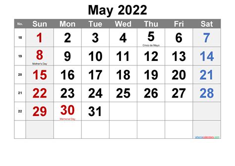 May 2022 Calendar With Holidays May 2022 Printable Calendar With