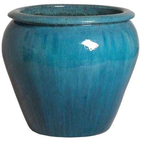 Planters And Fountains Rimmed Ceramic Planter Turquoise Blue