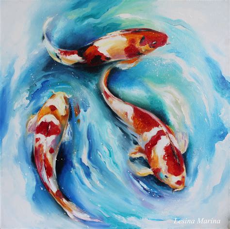 Koi Fish Oil Painting On Canvas Carp Original Art 20 20 Inch Etsy