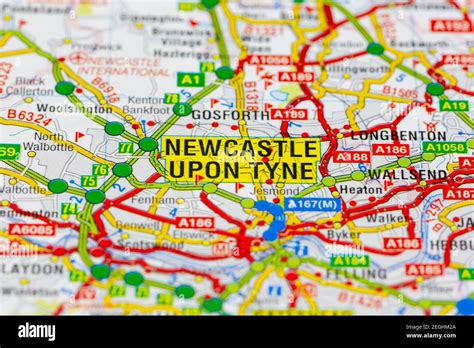 Newcastle Upon Tyne And Surrounding Areas Shown On A Road Map Or
