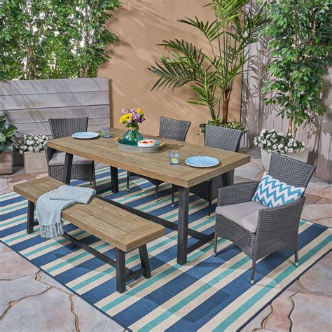 Bailee Outdoor 6 Piece Dining Set with Wicker Chairs and Bench ...
