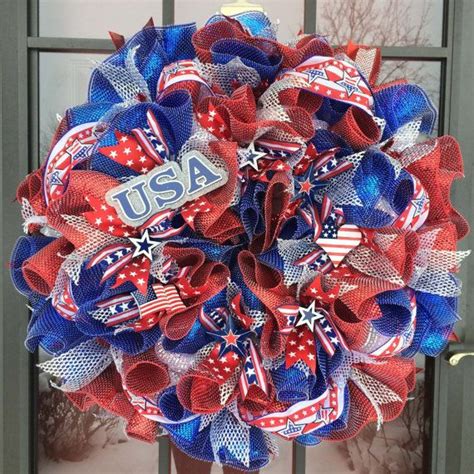 Patriotic Star Sparkle Red White Silver And Blue Deco Mesh Wreath