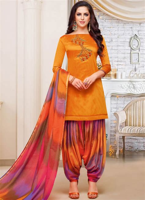 Buy Orange Embroidered Art Silk Designer Patiala Suit 103730