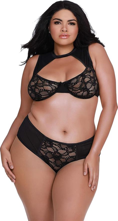 Dreamgirl Womens Plus Size Stretch Lace And Mesh High Neck Bralette And