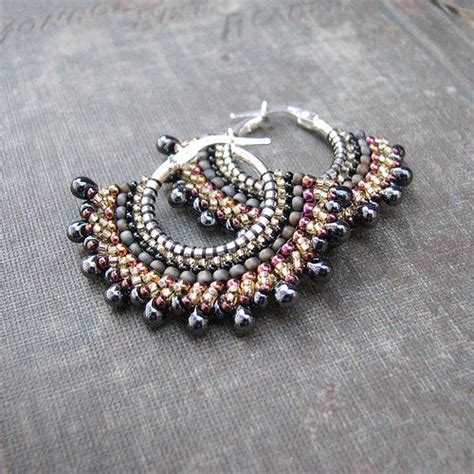 Gunmetal Sterling Hoops With Pink And Gold Seed Beads Fan Shaped Boho