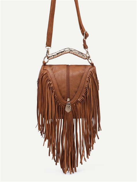 Brown Zip Embellished Fringe Trim Flap Bag Sheinsheinside