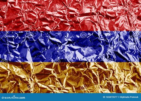 Armenia Flag Depicted In Paint Colors On Shiny Crumpled Aluminium Foil