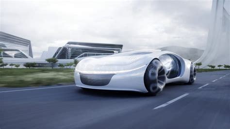 Futuristic Electric Car Very Fast Driving On Highway Futuristic City