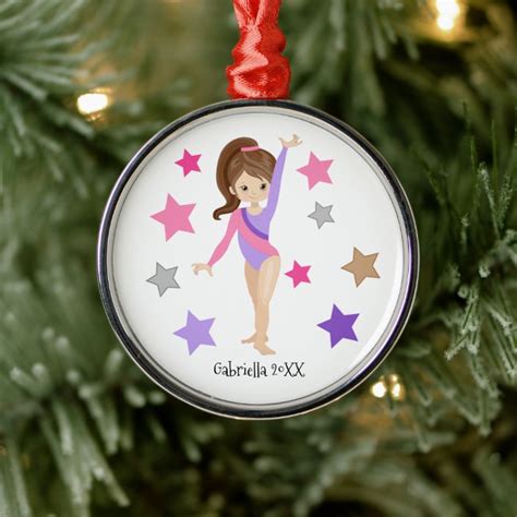 Brown Haired Gymnast Girl Gymnastics Christmas Metal Ornament