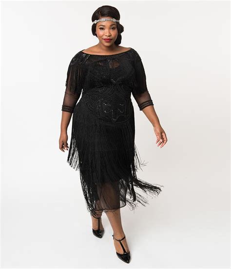 Plus Size 1920s Style Black Beaded Mesh Glam Fringe Flapper Maxi Gown