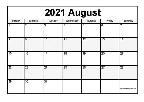 20 Free August 2021 Calendar Printable Blank Templates