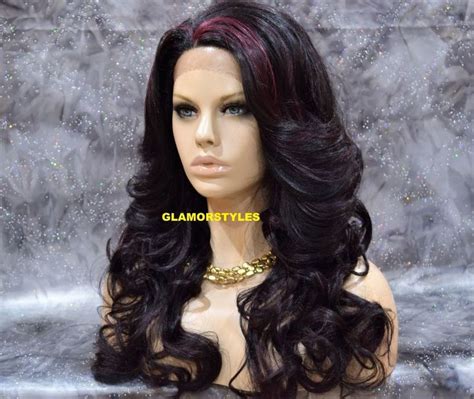 28 Long Wavy Black Burgundy Mix Full Lace Front Wig Heat Ok Hair Piece