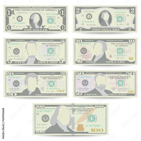 Dollars Banknote Set Vector Cartoon Us Currency Front Side Of
