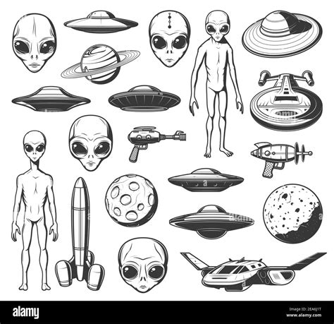 Aliens Ufo And Space Shuttles Vector Retro Icons Extraterrestrial