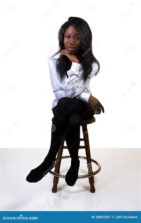 Young African American Woman Stockings Shirt Stool Stock Image Image