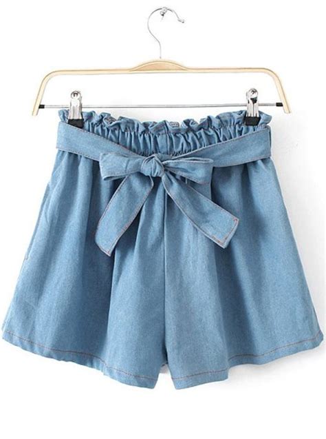 Light Blue Elastic Waist Bow Denim Shorts Culotte Shorts Denim Pant