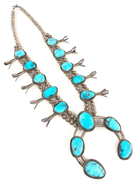 Lot Native American Sterling Turquoise Squash Blossom Necklace