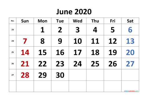 Free Printable June 2020 Calendar With Week Numbers Calendar Images