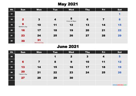May And June Calendar 2021 Printable Word Pdf