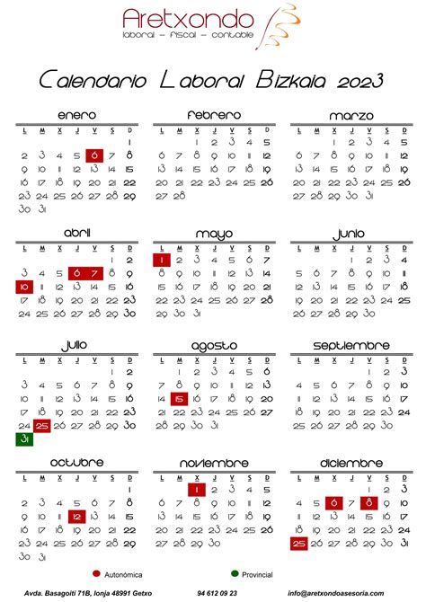 Calendario Laboral Bizkaia 2023 Asesoría Aretxondo
