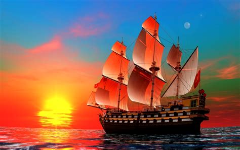 Sailing Ship At Sunset