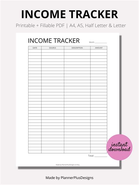 Income Tracker Printable Income Log Monthly Income Tracker Personal