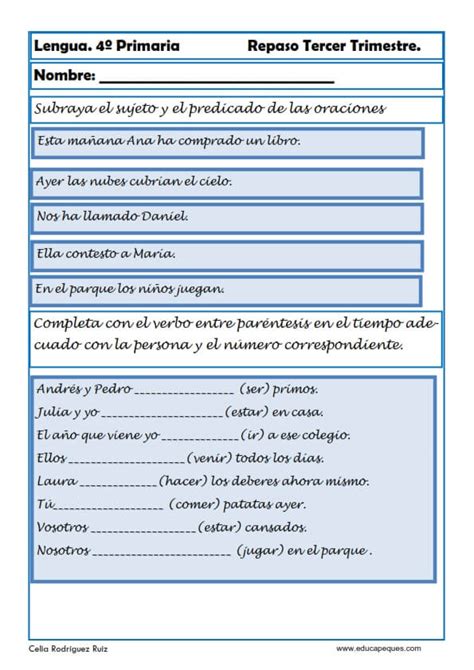 Fichas De Lengua Para Cuarto De Primaria Actividades Para Clase De