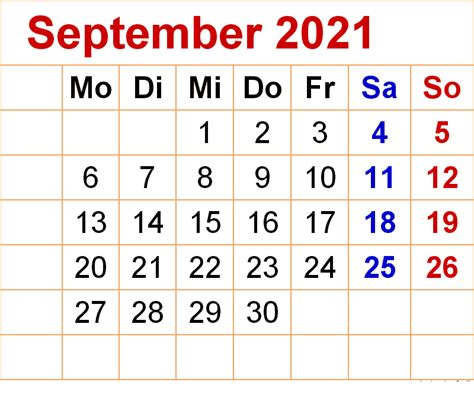 Wochenkalender 2021 mit kalenderwoche 2 für deutschland mit angaben zu. September 2021 Kalender Zum Ausdrucken in 2020 | Kalender ...