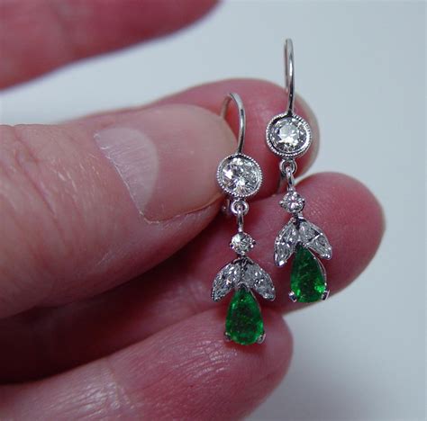 Vintage Emerald Diamond Dangle Earrings 14k White Gold Estate French