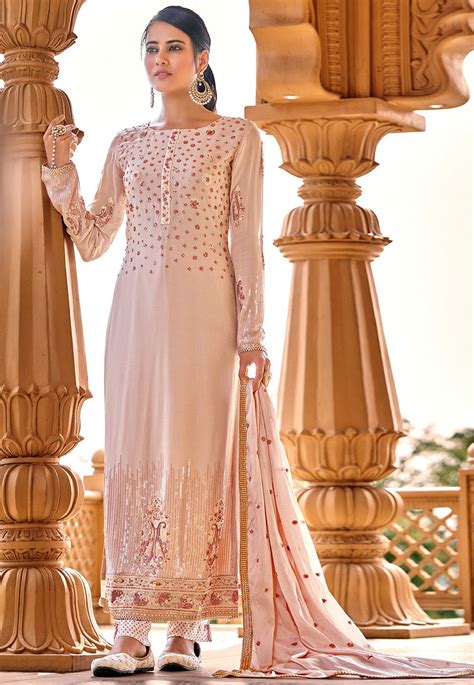 Embroidered Georgette Pakistani Suit In Peach Kch8242