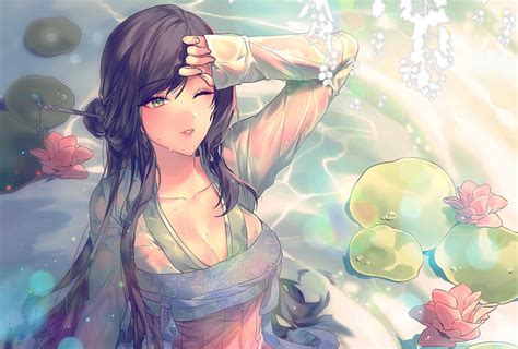 2560x1440px Free Download Hd Wallpaper Anime Anime Girls Flowers Big Boobs Green Eyes