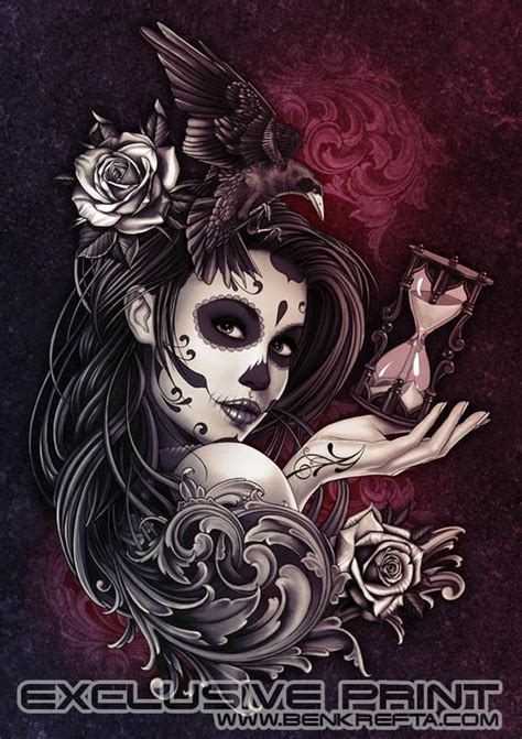 Day Of The Dead Girl With Crow Roses Time Signed Print Etsy Sugar Skull Artwork Sugar Skull