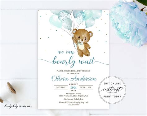 Editable Teddy Bear Baby Shower Invitation Template Bear Baby Etsy