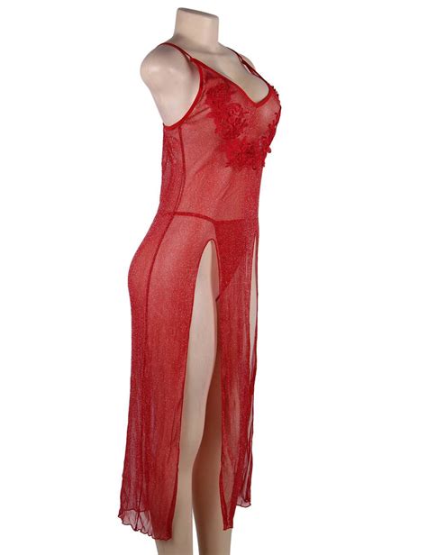 plus size red long sheer gauze temptation sexy nightgown for curvy figures ohyeah888