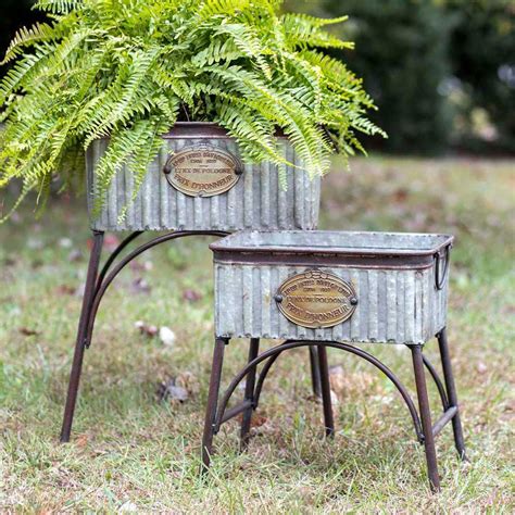 Farmhouse Galvanized Metal Planters With Stands Set Of 2 Vintage