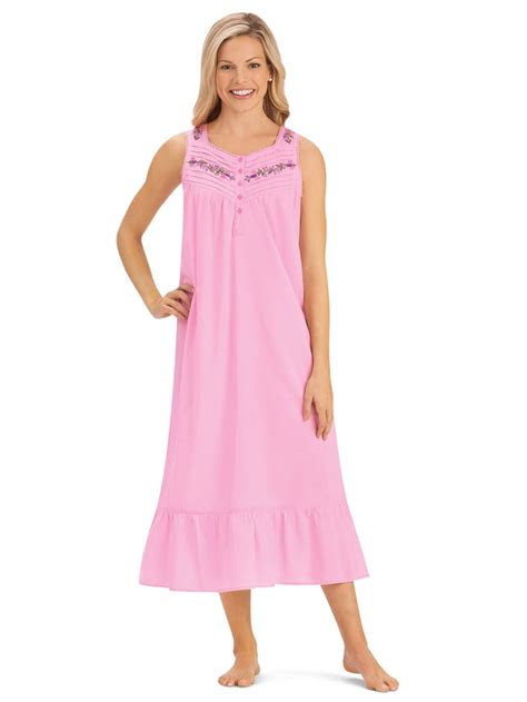 Collections Etc Embroidered Sleeveless Cotton Nightgown With Flounce