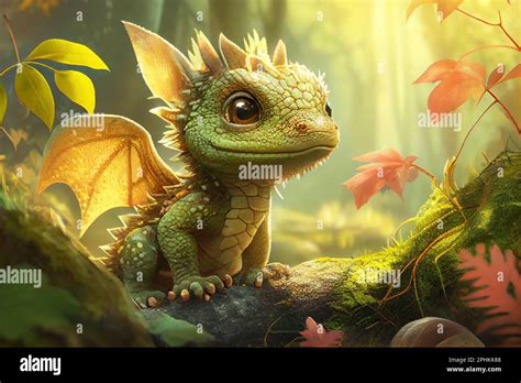 Cute Baby Dragon In Forest Stock Photo Alamy