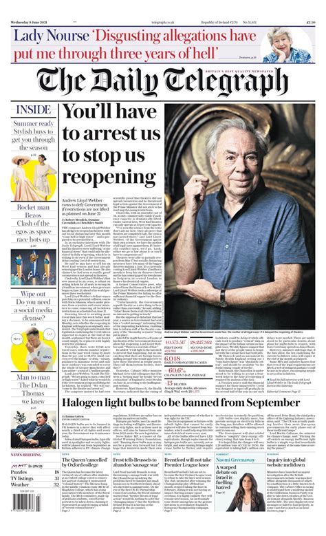 Daily Telegraph Front Page 9th Of June 2021 Tomorrow S Papers Today
