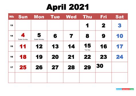 Printable April 2021 Calendar With Holidays Word Pdf