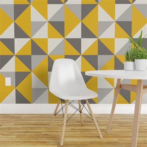 Mustard Yellow Gray Retro Triangles Wallpaper Spoonflower In 2023