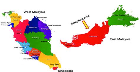 Malaysia is a federation of 13 states in southeast asia. Map of Malaysia showing the sampling area, Sarawak state ...