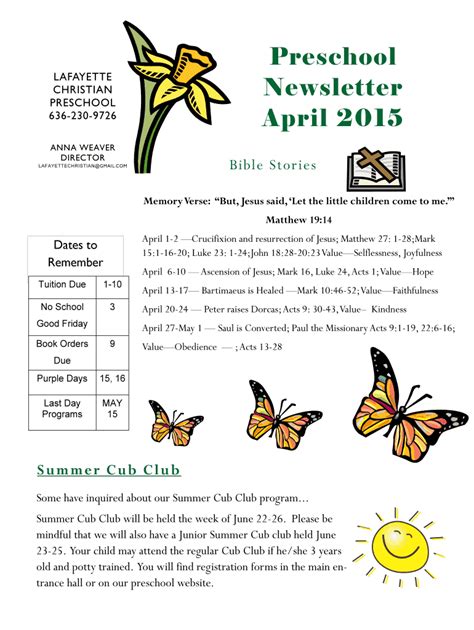 Fillable Online Preschool Newsletter April 2015 Lafayette Christian