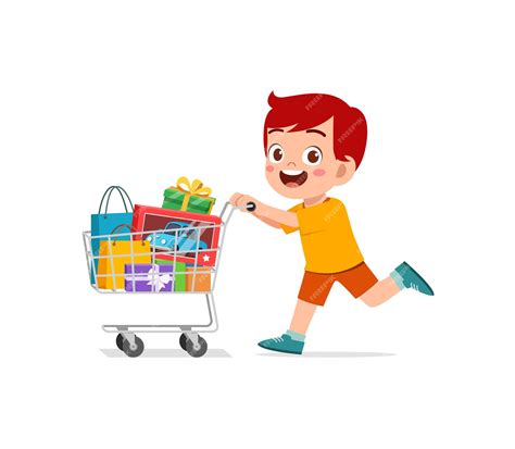 Premium Vector Cute Little Boy Push Shopping Cart Full Of Groceries