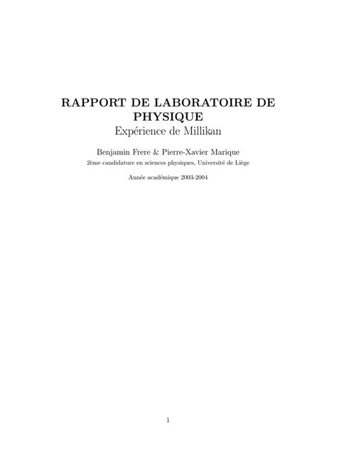 Rapport De Laboratoire De Physique Expérience De Millikan
