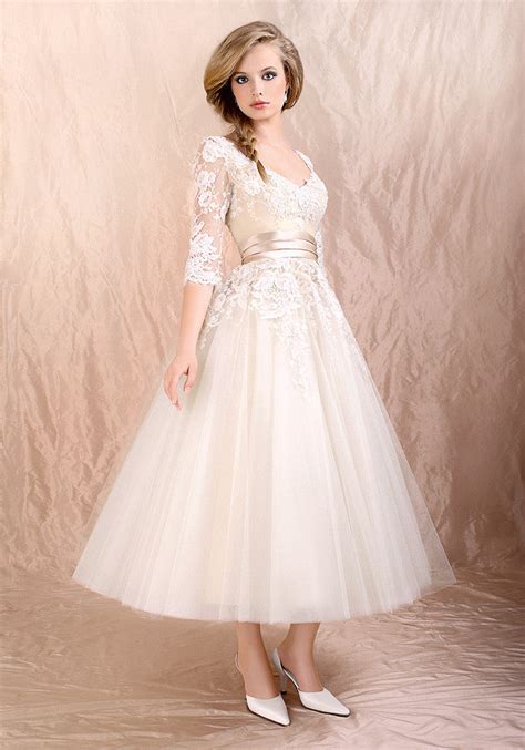 retro 50s 60s tea length long sleeves lace tulle formal wedding dress jojo shop
