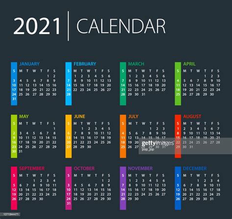 Calendar 2021 Color Vector Illustration Week Starts On Sunday Dark