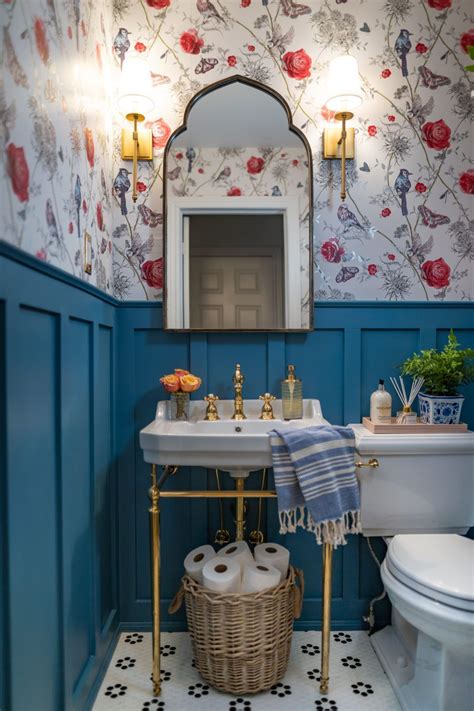 Blue Painted Wainscotting Powder Room Floral Wallpaper Bathroom