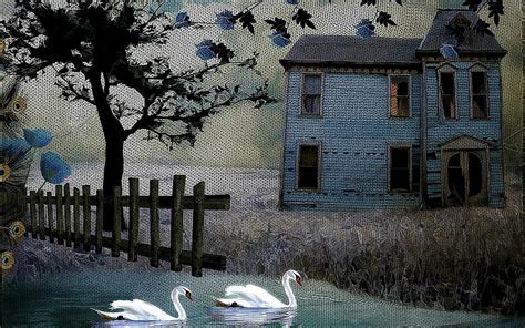 Painting Art Texture Rustic Birds Swan Fence House Buildings